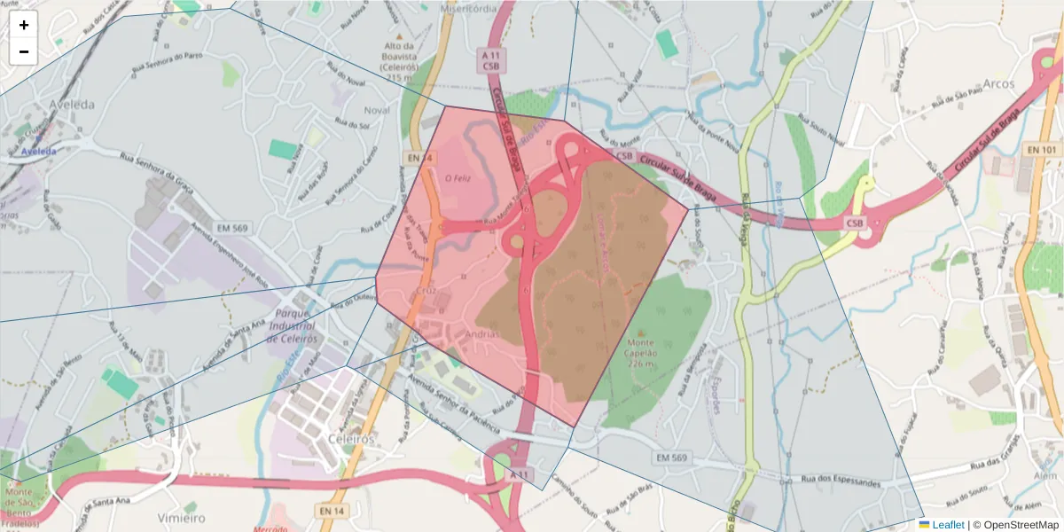 Mapa detalhado do código postal 4705-442 com limites, códigos postais vizinhos e agências dos correios