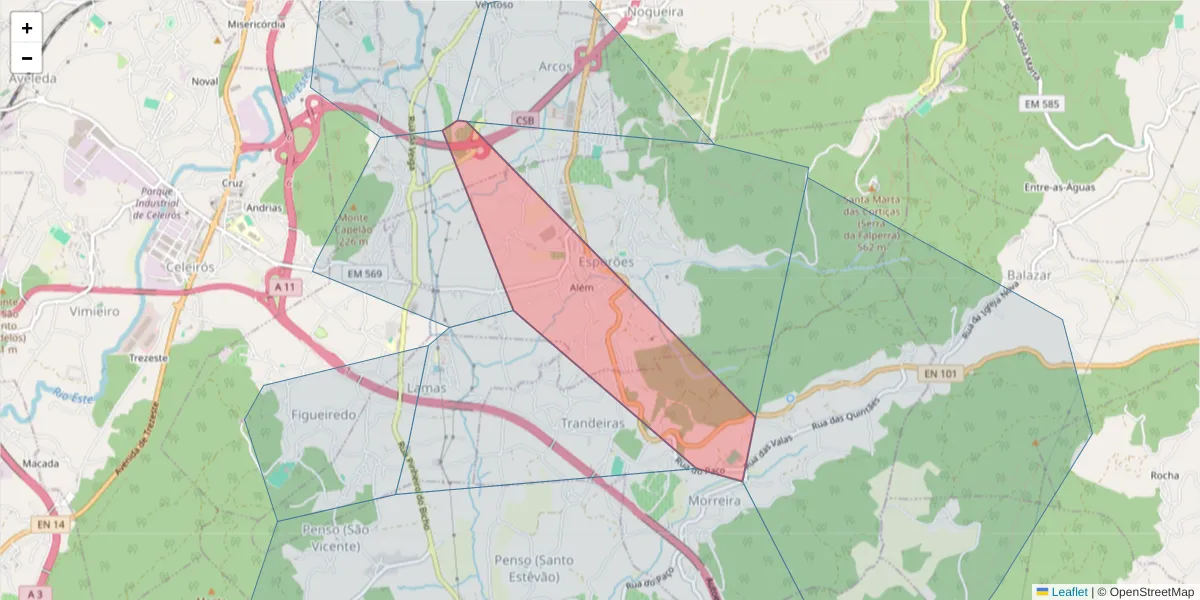 Mapa detalhado do código postal 4705-475 com limites, códigos postais vizinhos e agências dos correios