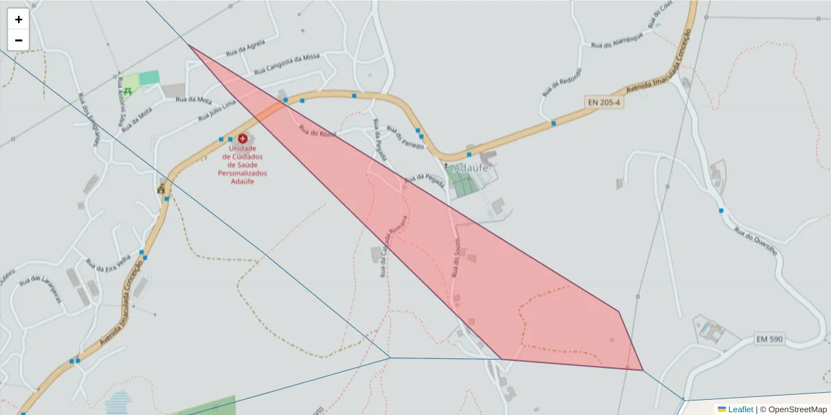 Mapa detalhado do código postal 4705 Adaúfe com limites, códigos postais vizinhos e agências dos correios