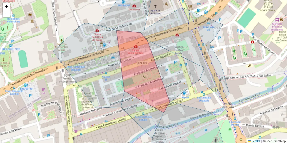 Mapa detalhado do código postal 4705 com limites, códigos postais vizinhos e agências dos correios