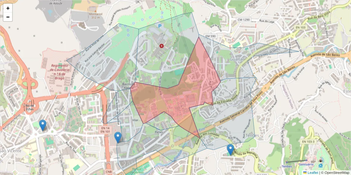 Mapa detalhado do código postal 4710-057 com limites, códigos postais vizinhos e agências dos correios