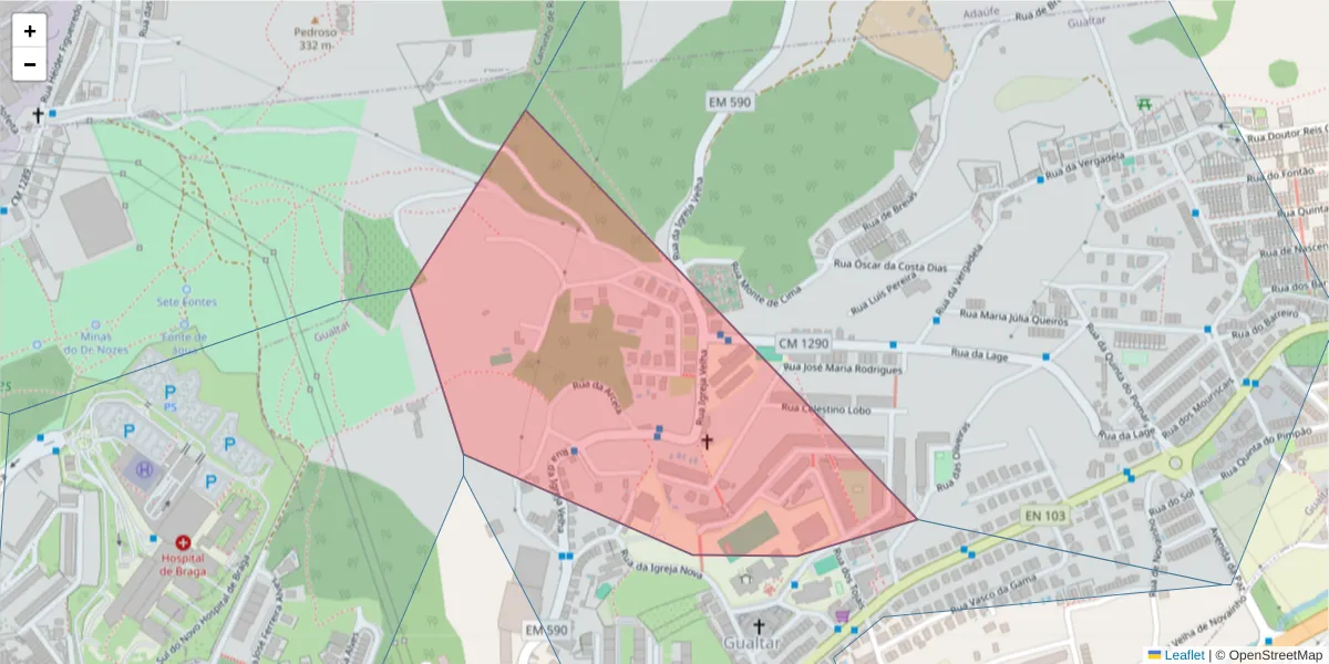 Mapa detalhado do código postal 4710-074 com limites, códigos postais vizinhos e agências dos correios