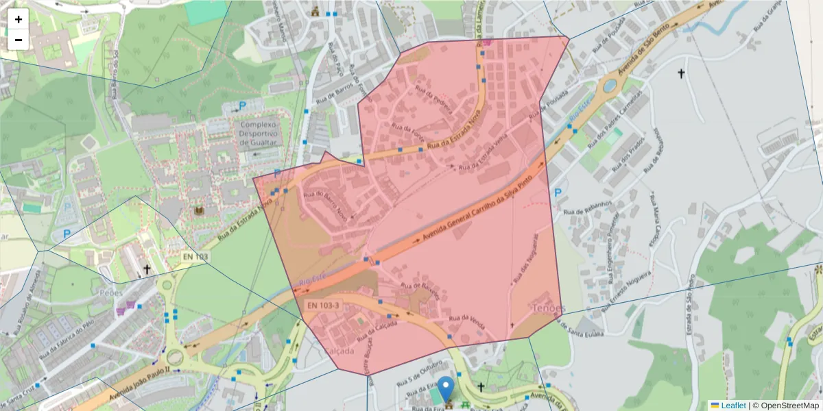 Mapa detalhado do código postal 4710-090 com limites, códigos postais vizinhos e agências dos correios