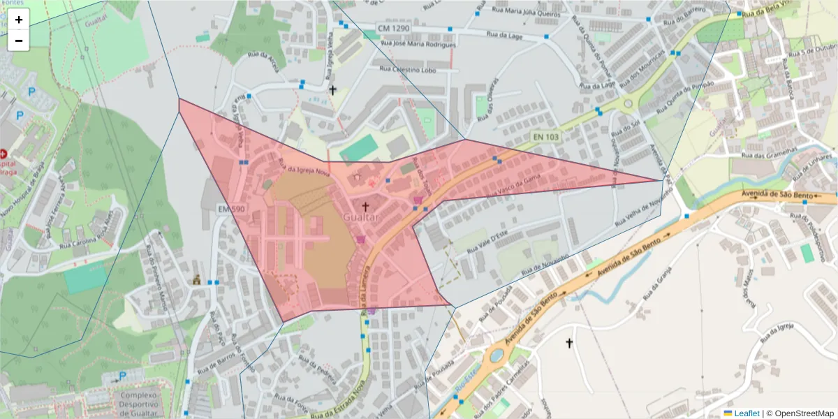 Mapa detalhado do código postal 4710-093 com limites, códigos postais vizinhos e agências dos correios