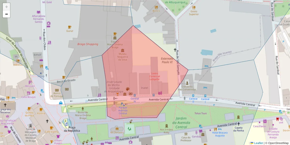 Mapa detalhado do código postal 4710-228 com limites, códigos postais vizinhos e agências dos correios