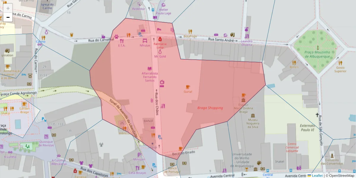 Mapa detalhado do código postal 4710-230 com limites, códigos postais vizinhos e agências dos correios