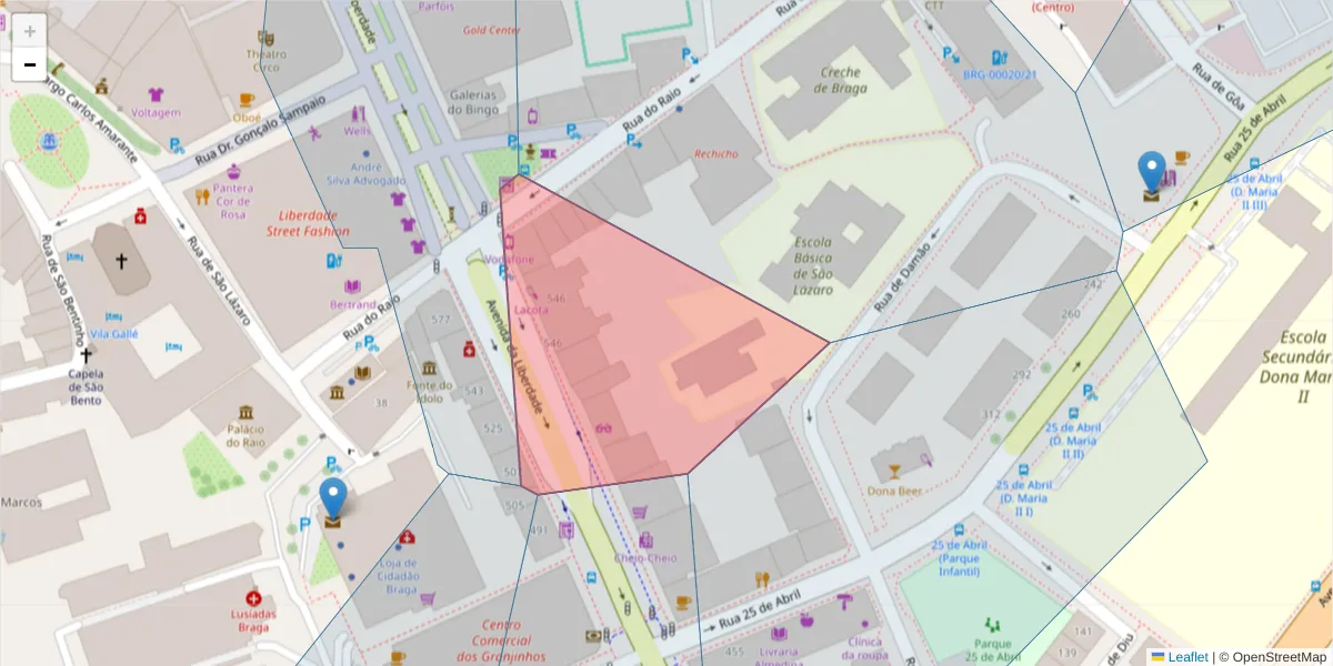 Mapa detalhado do código postal 4710-250 com limites, códigos postais vizinhos e agências dos correios