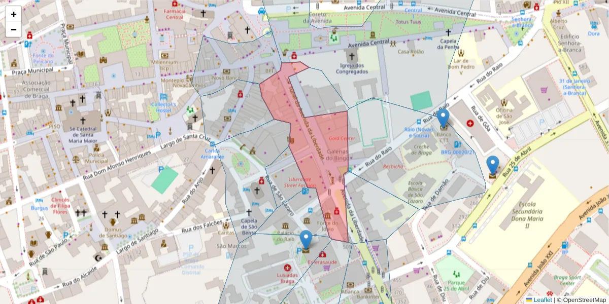 Mapa detalhado do código postal 4710-251 com limites, códigos postais vizinhos e agências dos correios
