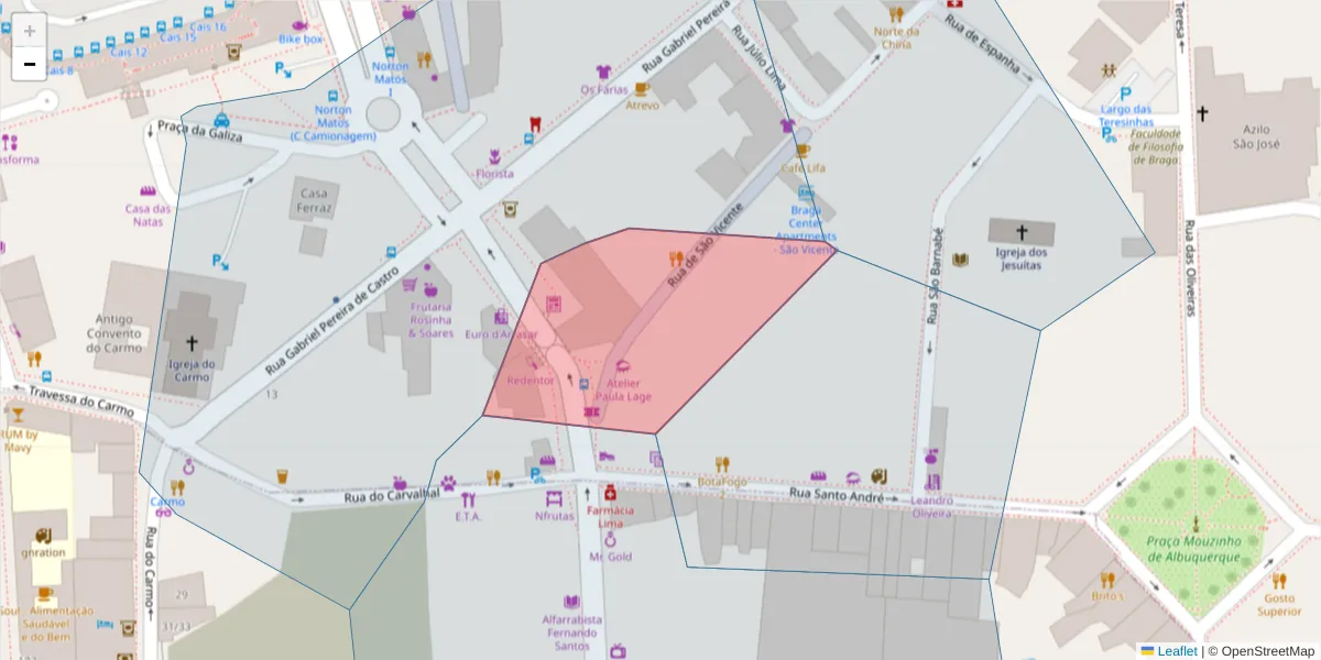 Mapa detalhado do código postal 4710-292 com limites, códigos postais vizinhos e agências dos correios