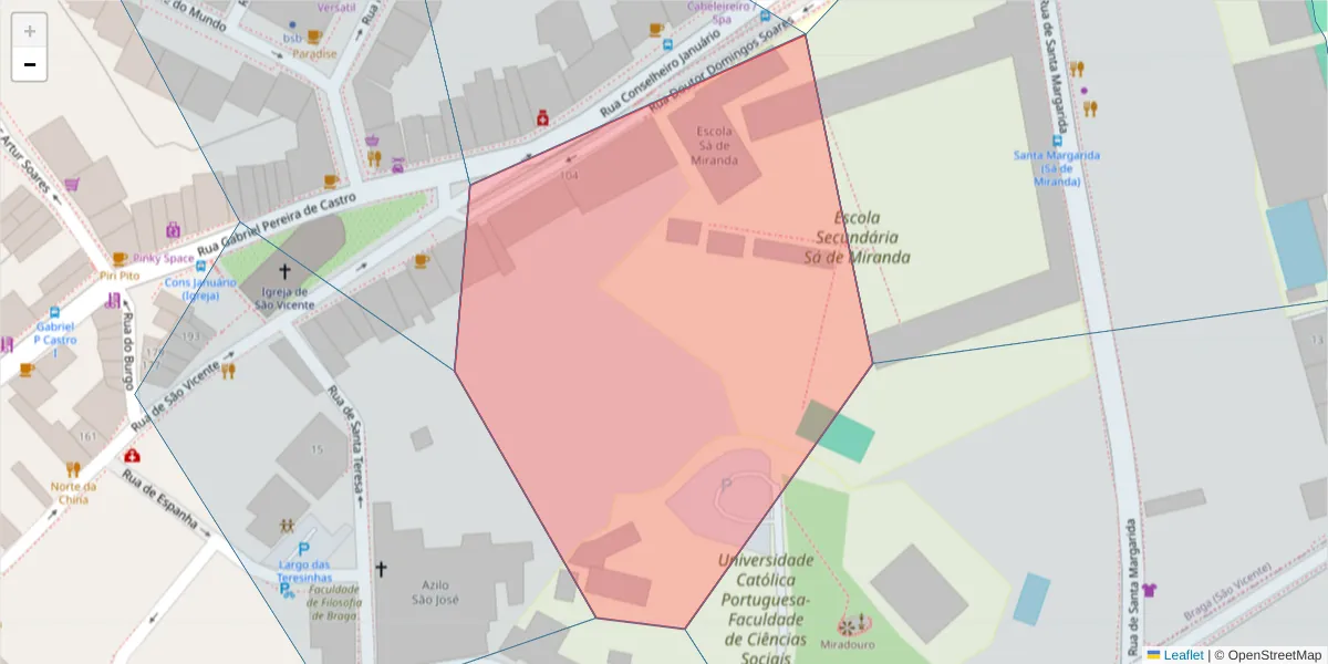 Mapa detalhado do código postal 4710-295 com limites, códigos postais vizinhos e agências dos correios