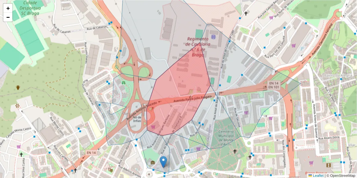 Mapa detalhado do código postal 4710-303 com limites, códigos postais vizinhos e agências dos correios