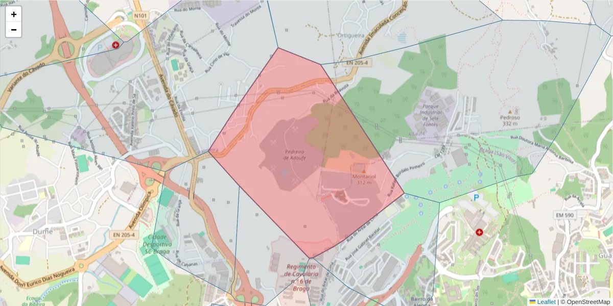 Mapa detalhado do código postal 4710-316 com limites, códigos postais vizinhos e agências dos correios