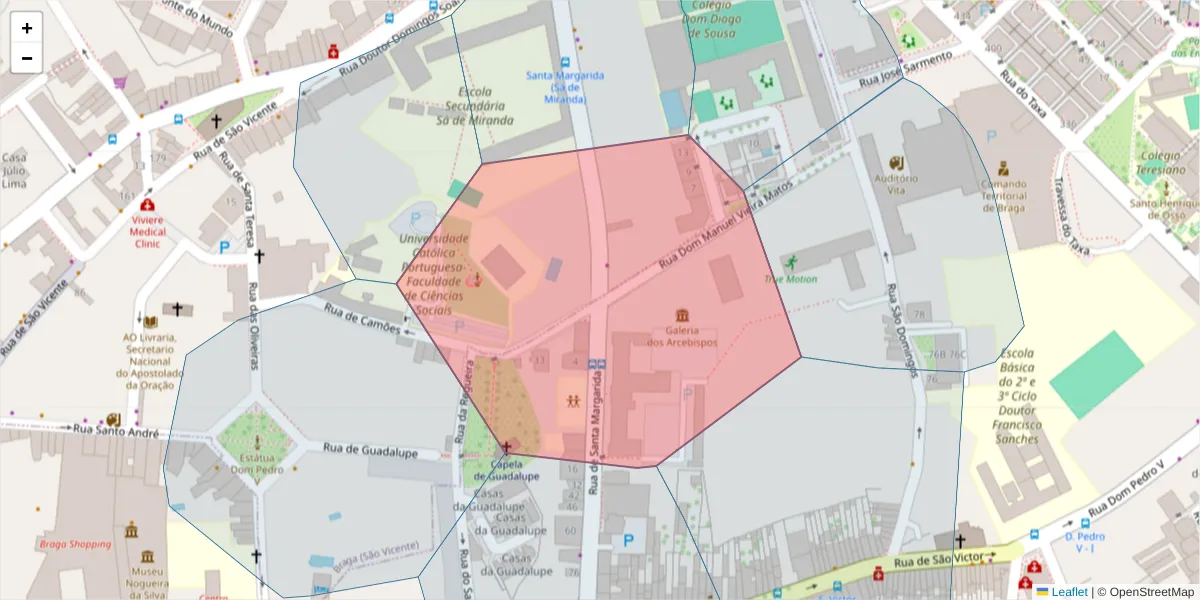 Mapa detalhado do código postal 4710-336 com limites, códigos postais vizinhos e agências dos correios