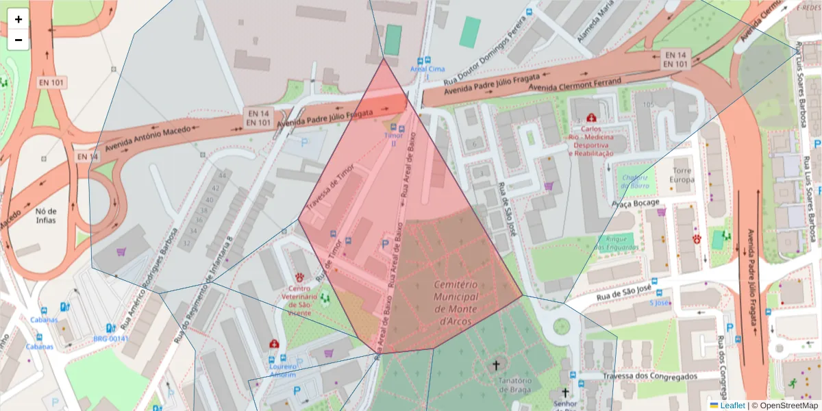 Mapa detalhado do código postal 4710-345 com limites, códigos postais vizinhos e agências dos correios
