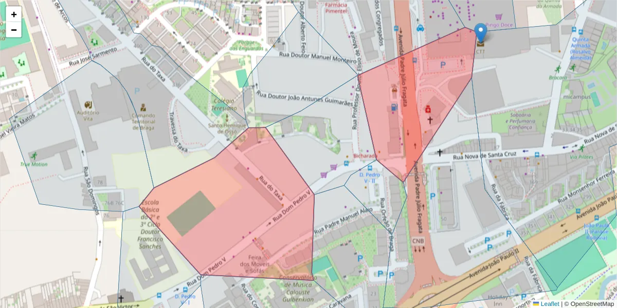 Mapa detalhado do código postal 4710-374 com limites, códigos postais vizinhos e agências dos correios
