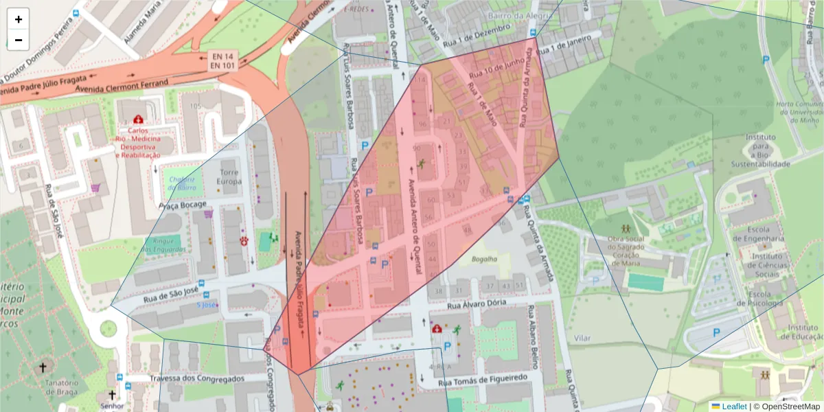 Mapa detalhado do código postal 4710-392 com limites, códigos postais vizinhos e agências dos correios