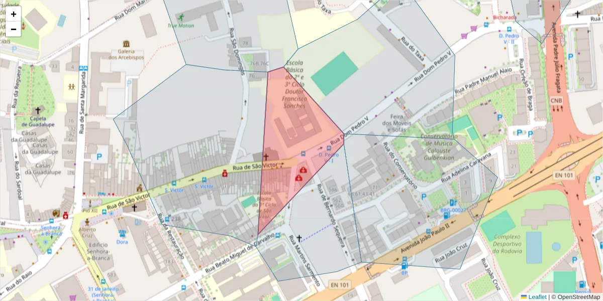 Mapa detalhado do código postal 4710-406 com limites, códigos postais vizinhos e agências dos correios