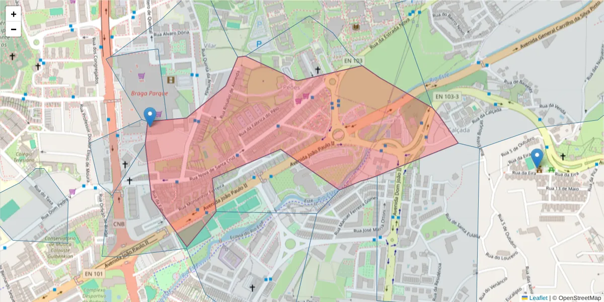 Mapa detalhado do código postal 4710-409 com limites, códigos postais vizinhos e agências dos correios