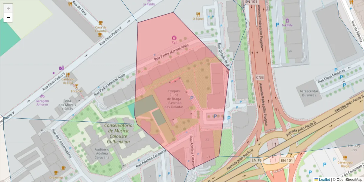Mapa detalhado do código postal 4710-414 com limites, códigos postais vizinhos e agências dos correios