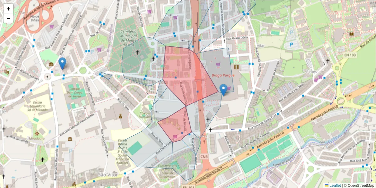 Mapa detalhado do código postal 4710-422 com limites, códigos postais vizinhos e agências dos correios