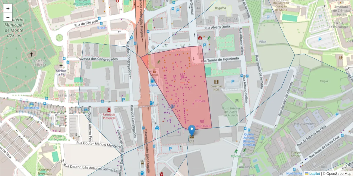 Mapa detalhado do código postal 4710-427 com limites, códigos postais vizinhos e agências dos correios