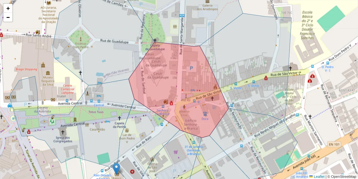 Mapa detalhado do código postal 4710-443 com limites, códigos postais vizinhos e agências dos correios