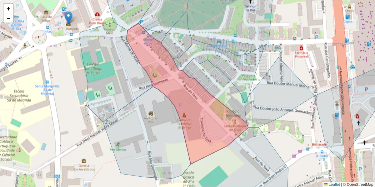 Mapa detalhado do código postal 4710-448 com limites, códigos postais vizinhos e agências dos correios
