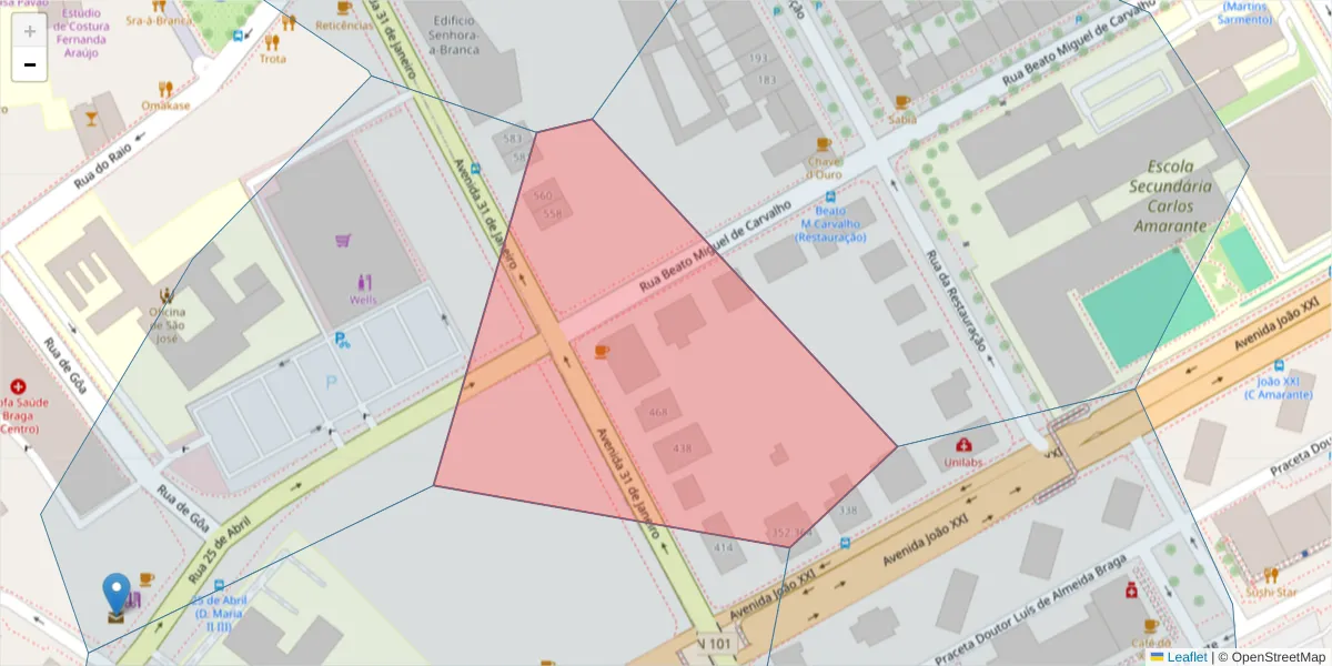 Mapa detalhado do código postal 4710-452 com limites, códigos postais vizinhos e agências dos correios
