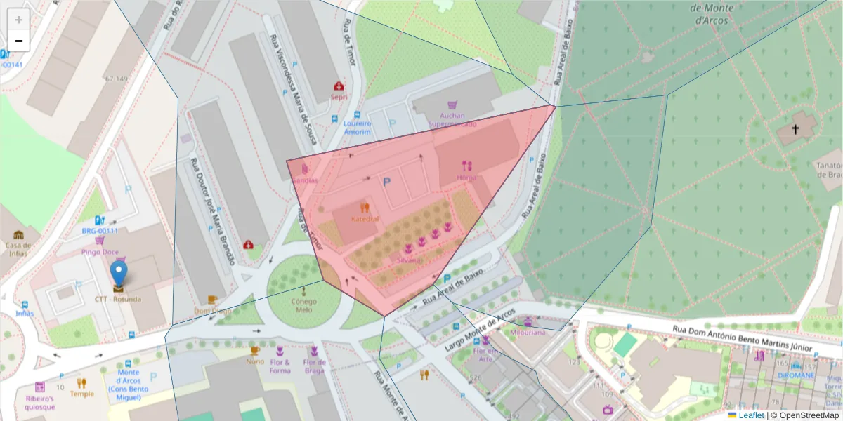 Mapa detalhado do código postal 4710-487 com limites, códigos postais vizinhos e agências dos correios