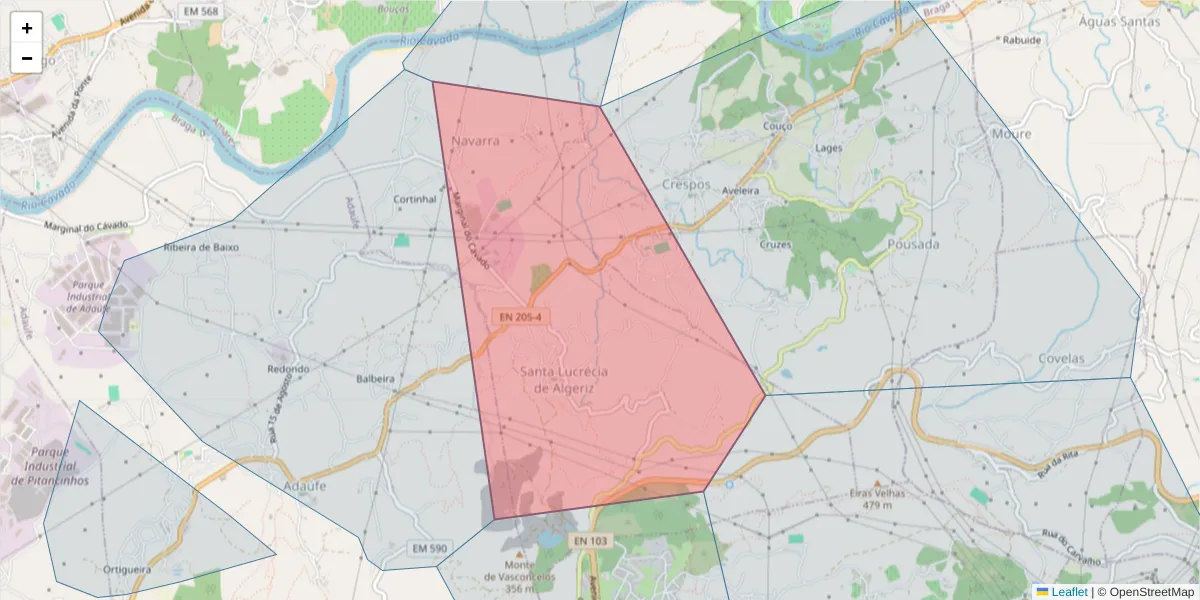 Mapa detalhado do código postal 4710-741 com limites, códigos postais vizinhos e agências dos correios