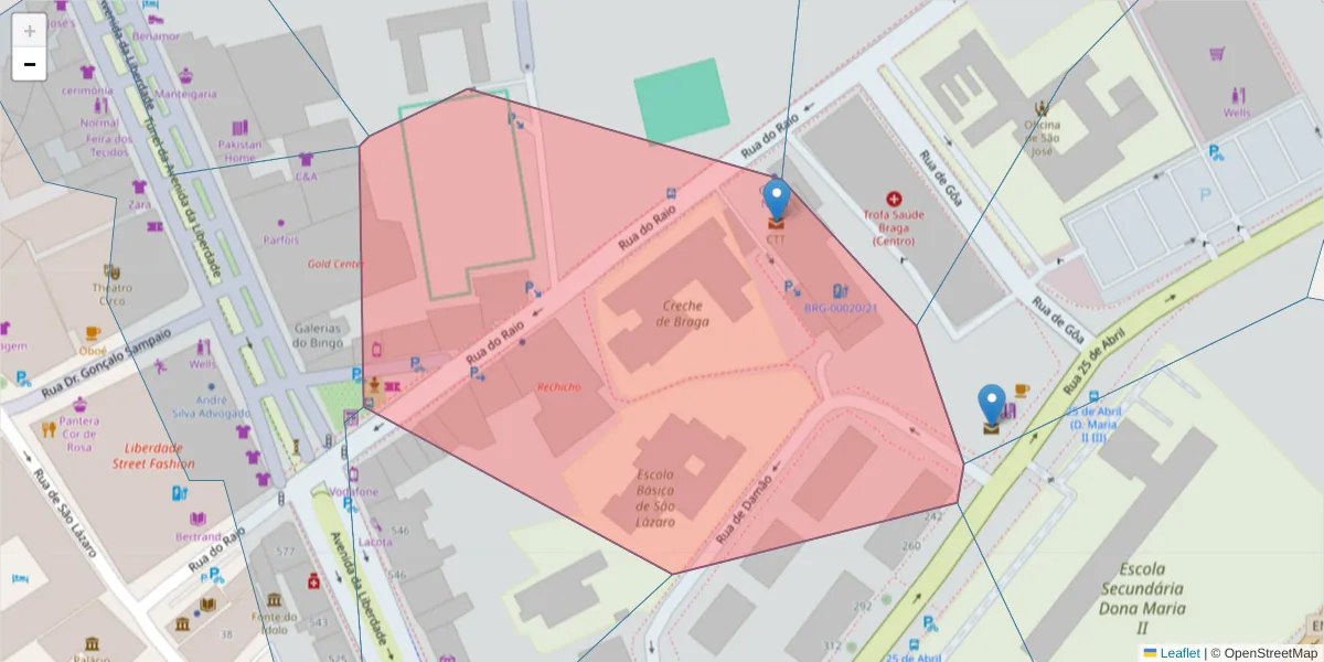 Mapa detalhado do código postal 4710-923 com limites, códigos postais vizinhos e agências dos correios