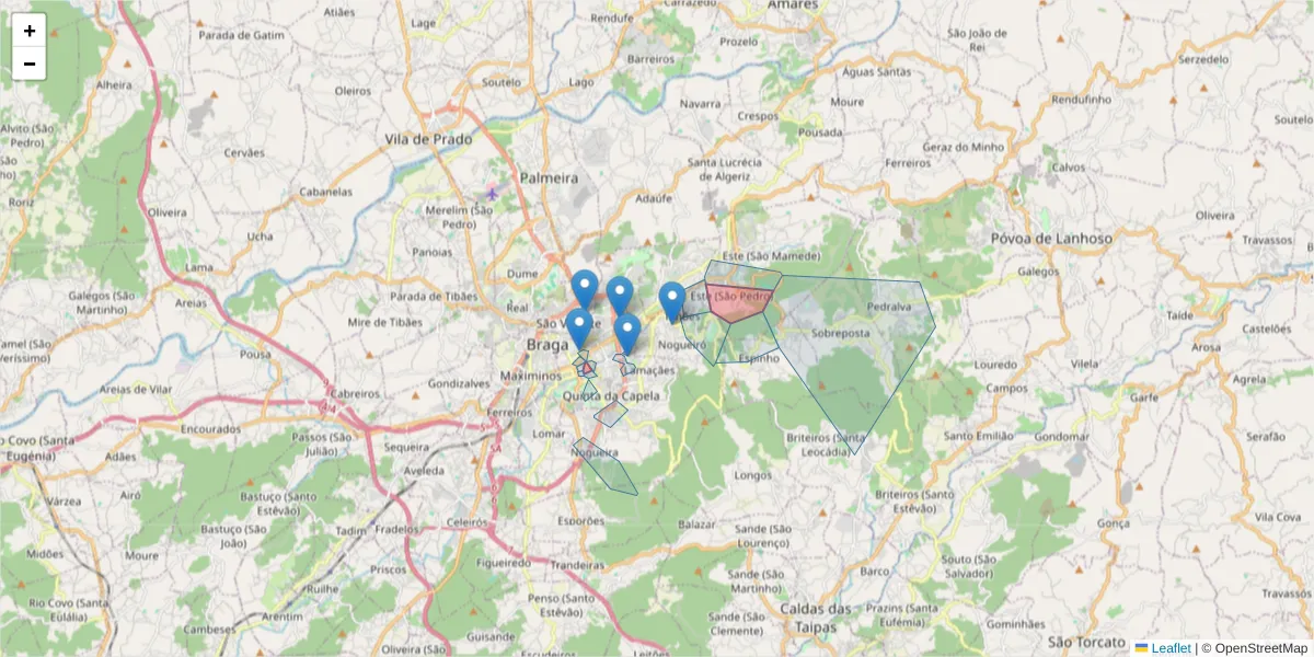 Mapa detalhado do código postal 4715-001 com limites, códigos postais vizinhos e agências dos correios