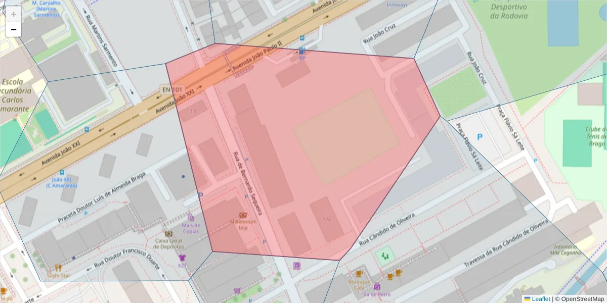 Mapa detalhado do código postal 4715-010 com limites, códigos postais vizinhos e agências dos correios