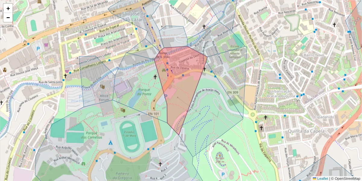 Mapa detalhado do código postal 4715-015 com limites, códigos postais vizinhos e agências dos correios