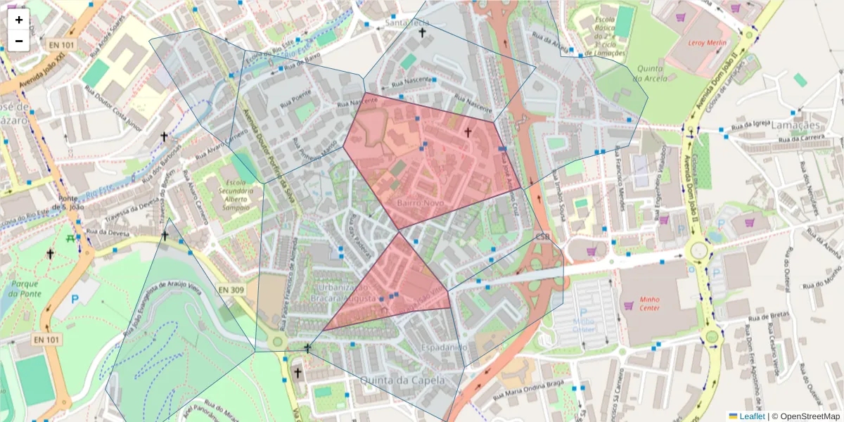 Mapa detalhado do código postal 4715-021 com limites, códigos postais vizinhos e agências dos correios