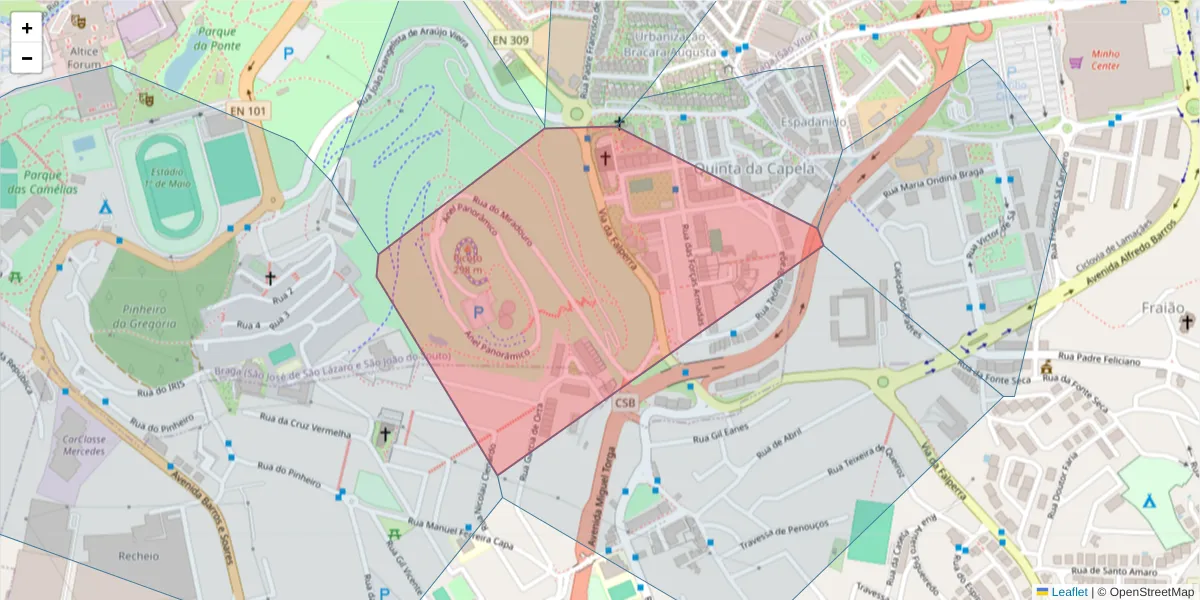 Mapa detalhado do código postal 4715-029 com limites, códigos postais vizinhos e agências dos correios