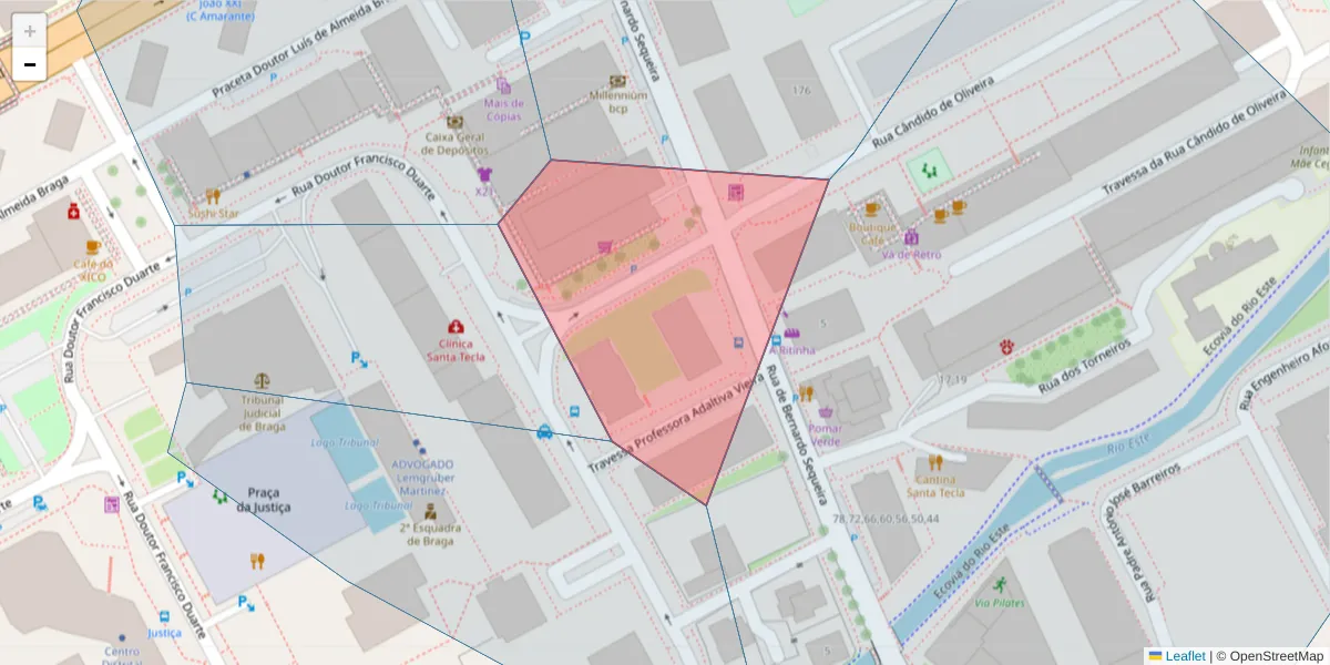 Mapa detalhado do código postal 4715-045 com limites, códigos postais vizinhos e agências dos correios