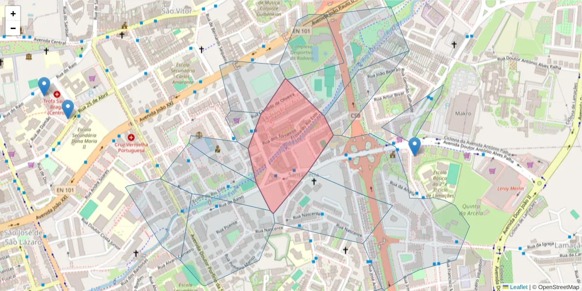 Mapa detalhado do código postal 4715-051 com limites, códigos postais vizinhos e agências dos correios