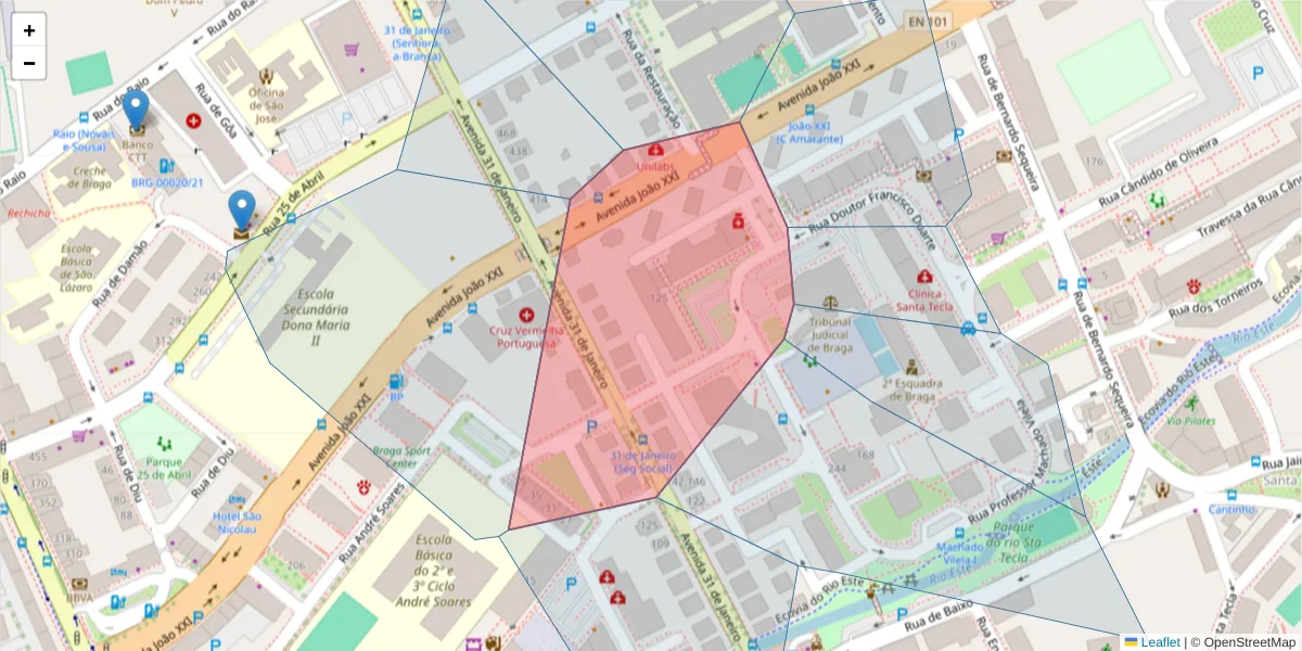 Mapa detalhado do código postal 4715-052 com limites, códigos postais vizinhos e agências dos correios