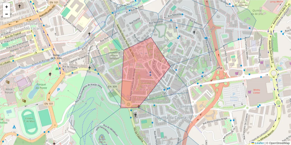 Mapa detalhado do código postal 4715-105 com limites, códigos postais vizinhos e agências dos correios