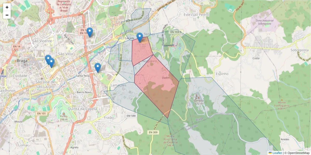 Mapa detalhado do código postal 4715-110 com limites, códigos postais vizinhos e agências dos correios