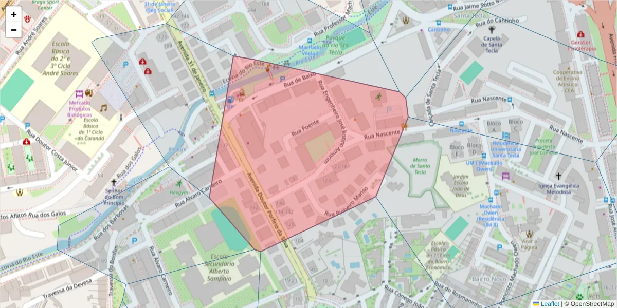 Mapa detalhado do código postal 4715-117 com limites, códigos postais vizinhos e agências dos correios