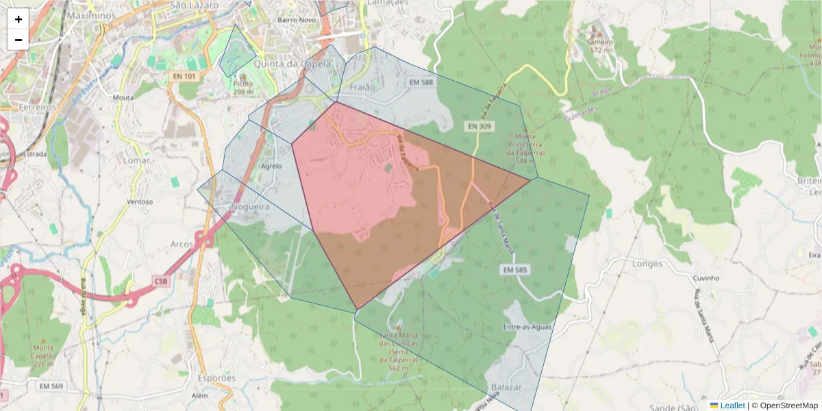 Mapa detalhado do código postal 4715-183 com limites, códigos postais vizinhos e agências dos correios