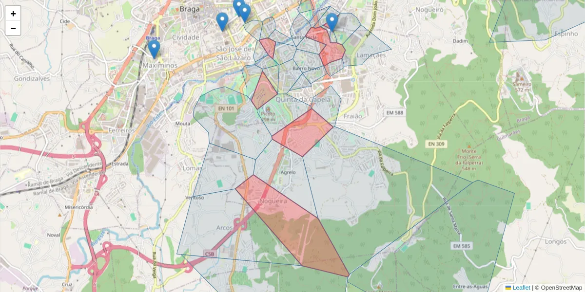 Mapa detalhado do código postal 4715-213 com limites, códigos postais vizinhos e agências dos correios