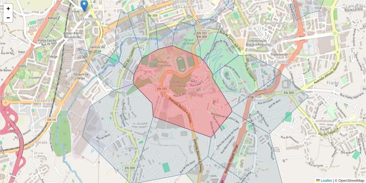 Mapa detalhado do código postal 4715-214 com limites, códigos postais vizinhos e agências dos correios
