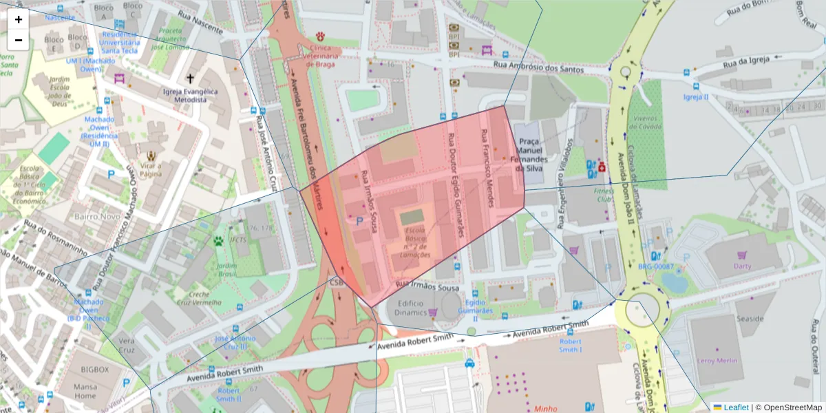 Mapa detalhado do código postal 4715-248 com limites, códigos postais vizinhos e agências dos correios