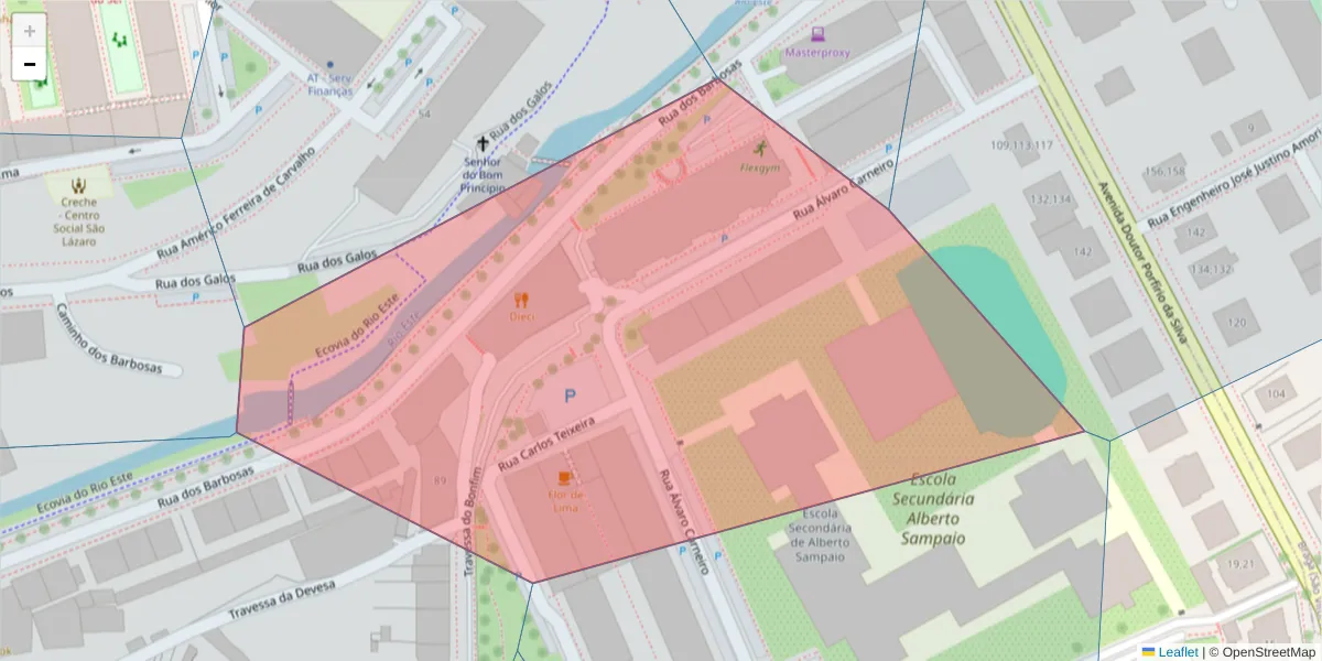 Mapa detalhado do código postal 4715-267 com limites, códigos postais vizinhos e agências dos correios