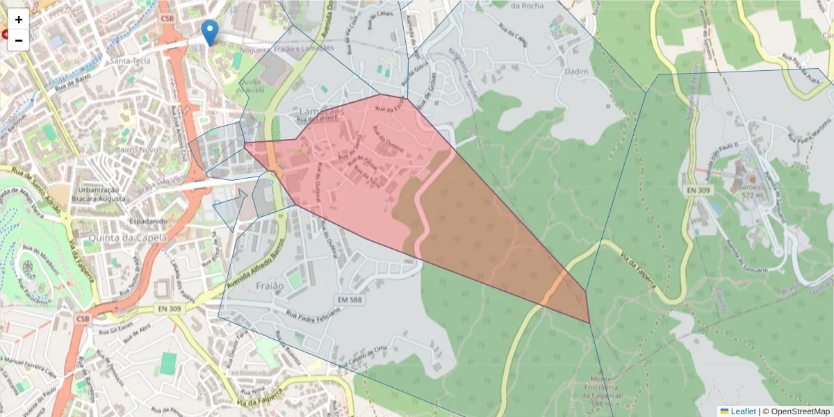 Mapa detalhado do código postal 4715-276 com limites, códigos postais vizinhos e agências dos correios