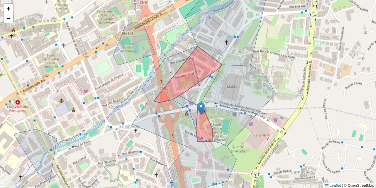 Mapa detalhado do código postal 4715-281 com limites, códigos postais vizinhos e agências dos correios