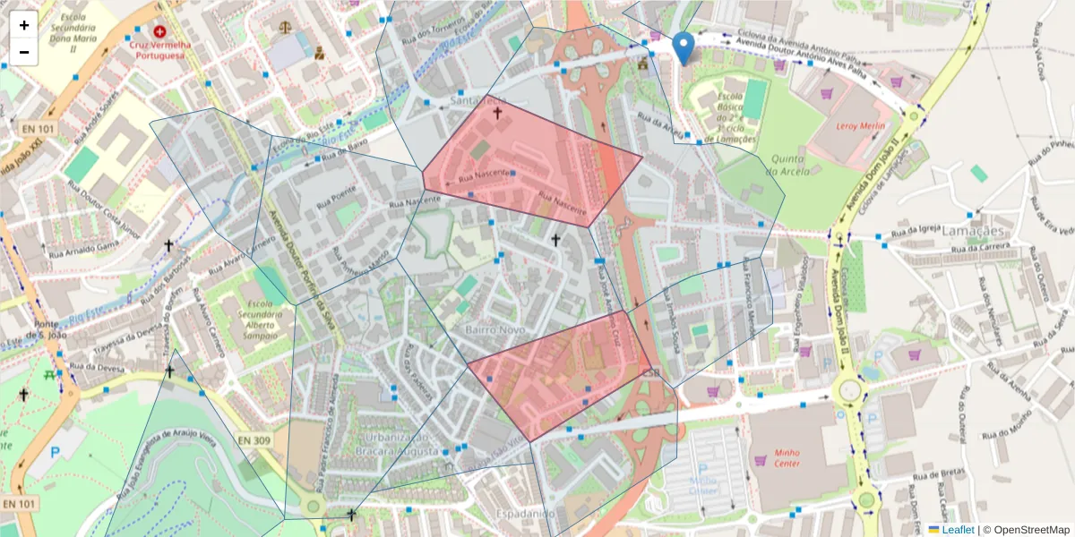 Mapa detalhado do código postal 4715-343 com limites, códigos postais vizinhos e agências dos correios